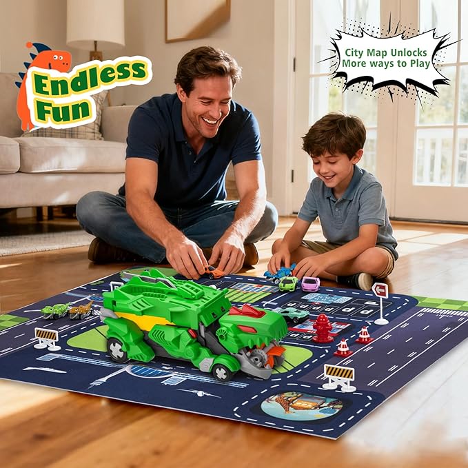 Dinosaur Toys Car for Kids 3-8 Year Old Boy Gift, Toddler Toys for 3 4 5 6 Years Old Boys & Girls Transport Dino Truck with 12 mini Cars & City Map Birthday for Kids