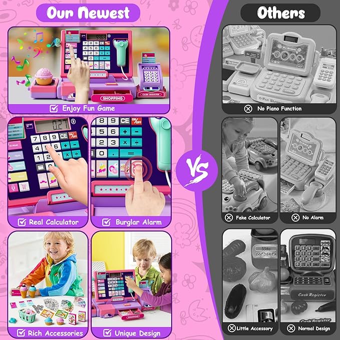 Upgraded Kids Cash Register Toy for Boys Girls, Toddler Pretend Play Cashier Register with Shop Accessories, Calculator Cash Register with Scanner/Credit Card (Pink)