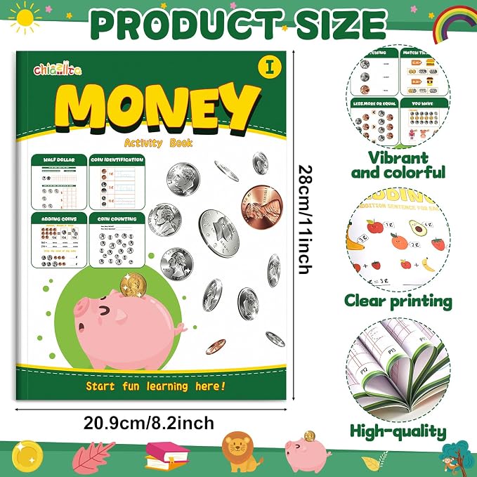 chiazllta Money Activity Workbook Set of 2 Coin Recognition and Counting Practice Workbook Pennies Nickels Dimes Quarters Dollars Full Color Money Skills Practice Book - Image 2