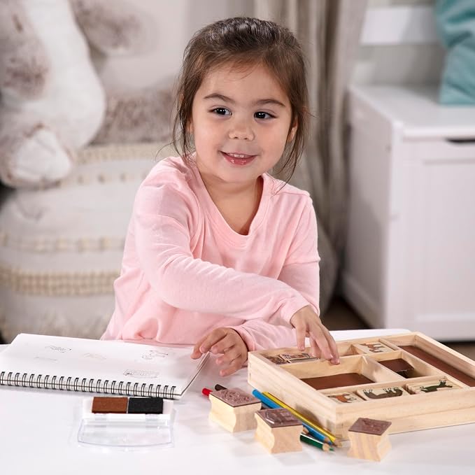 Melissa & Doug Wooden Stamp Activity Set: Horse Stable - 10 Stamps, 5 Colored Pencils, 2-Color Stamp Pad - Image 2