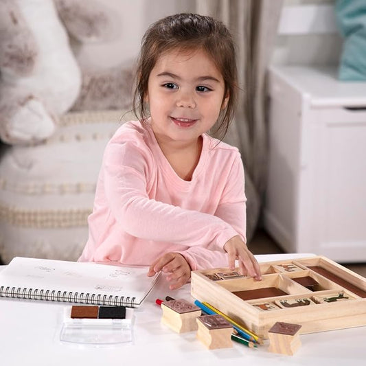 Melissa & Doug Wooden Stamp Activity Set: Horse Stable - 10 Stamps, 5 Colored Pencils, 2-Color Stamp Pad - Image 2