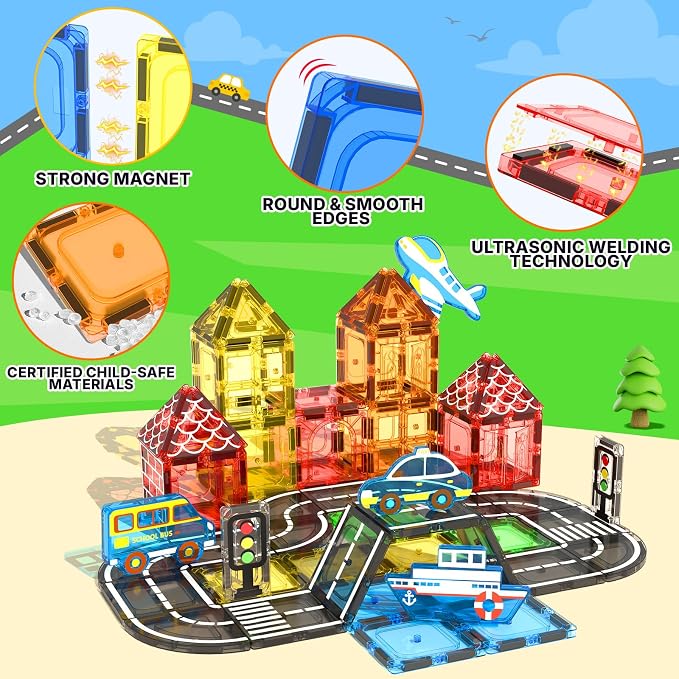 Magnetic Tiles Road Set, STEM Magnetic Building Blocks for Toddlers Kids Ages 3-5 4-8, Birthday for 3+ Year Old Boys Girls - Image 4
