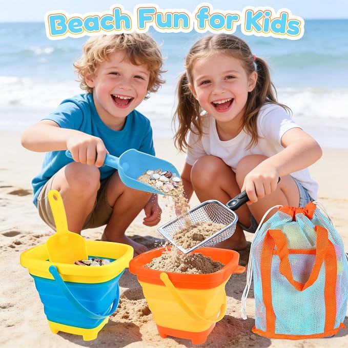 Beach Sand Toys with 2-Pack Collapsible Buckets & Shovels for Kids - Image 2