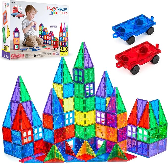 Playmags Magnetic Tiles for Kids 100-Piece Set, STEM Educational Building Blocks Toys for Kids, Includes Click-in ABC Learning Tiles, Gift for Boys & Girls, Add on Magnetic Figures, Car Set Available by Playmags