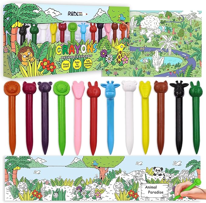 R&DLanci Animal Crayons for Toddlers, 11-colors Washable Crayon Set with Eraser & Drawing Paper, Non-Toxic Crayon, Easy to Hold, Mess-Free Crayons for kids, Art Supplies for Toddlers and Kids Ages 3+
