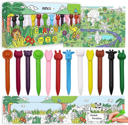 R&DLanci Animal Crayons for Toddlers, 11-colors Washable Crayon Set with Eraser & Drawing Paper, Non-Toxic Crayon, Easy to Hold, Mess-Free Crayons for kids, Art Supplies for Toddlers and Kids Ages 3+