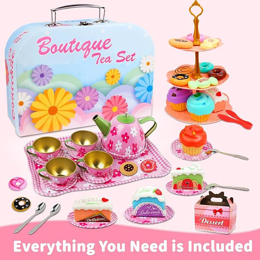 SMILESSKIDDO 46pcs Princess Tea Party Set for Little Girls - Kids Kitchen Pretend Play Toys - Toddler Tea Party Sets for Girls 3-5, Gift for 3 4 5 6 7 8 Girl(Flower)