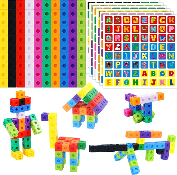 100 Math Linking Cubes, Math Cubes with 384 Reusable Stickers-Letters, Numbers, Shapes, Manipulative Geometric Connecting and Counting Blocks, Educational Toy for Kids Math Learning and Fun Activities by SpriteGru