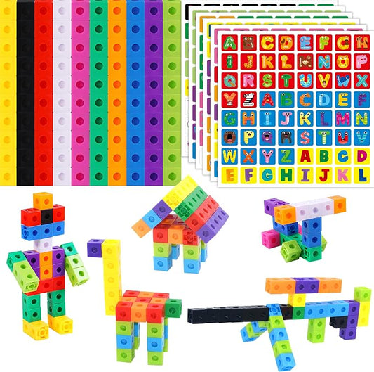 100 Math Linking Cubes, Math Cubes with 384 Reusable Stickers-Letters, Numbers, Shapes, Manipulative Geometric Connecting and Counting Blocks, Educational Toy for Kids Math Learning and Fun Activities by SpriteGru