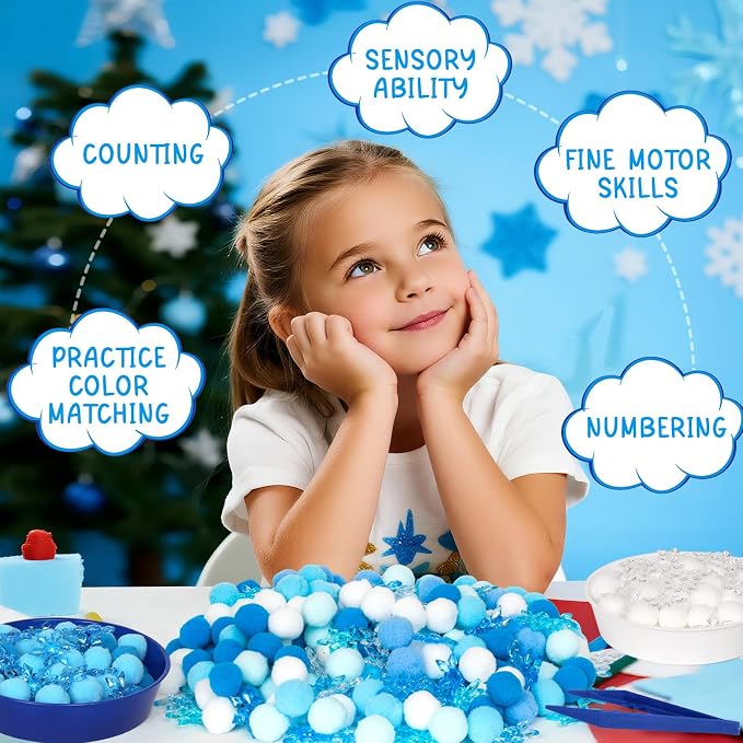 209 Pcs Winter Sensory Bin Items Winter Acrylic Snowflake Counting Sorting Sensory Bin Filler Fine Motor Toys Blue Snowflake Counts Xmas Counting Toys for Preschool Education Activities - Image 4
