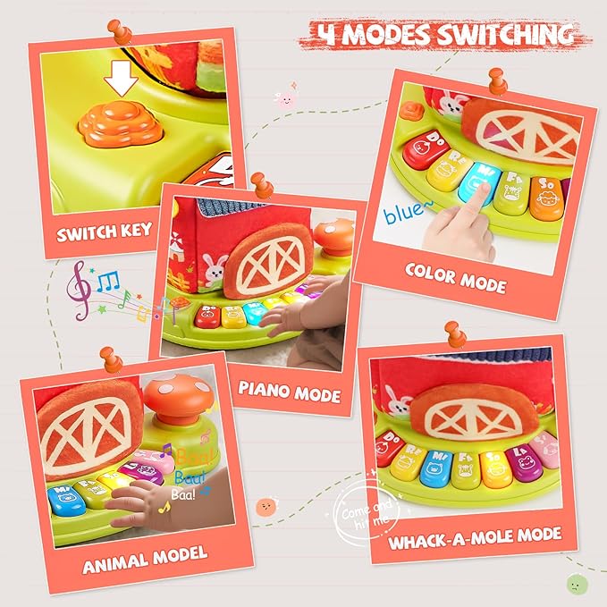 Musical Baby Toys 6-12 Months, Surprise Barn with 7 PCS Stuffed Farm Animals, 4 Mode Sound and LED Lights, Montessori Sensory Toys for 6 12 Months, Ideals 6 7 8 9 Month Old Baby Gifts Toy