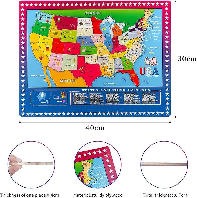 Wooden USA Map Puzzle, 46 Pieces US Map Puzzle for Kids, Educational Geography Puzzles United States Map Puzzle for Boys Girls Birthday Gift - Image 7