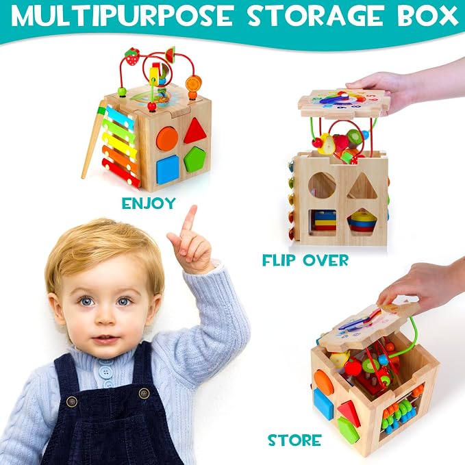 HELLOWOOD 8-in-1 Wooden Activity Cube for Kids, Sorting & Stacking Toys - Image 3