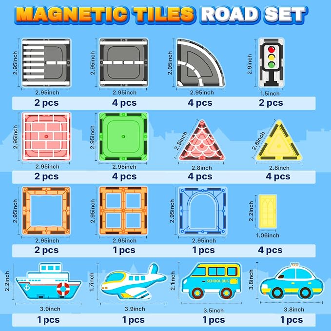 Magnetic Tiles Road Set, STEM Magnetic Building Blocks for Toddlers Kids Ages 3-5 4-8, Birthday for 3+ Year Old Boys Girls - Image 7