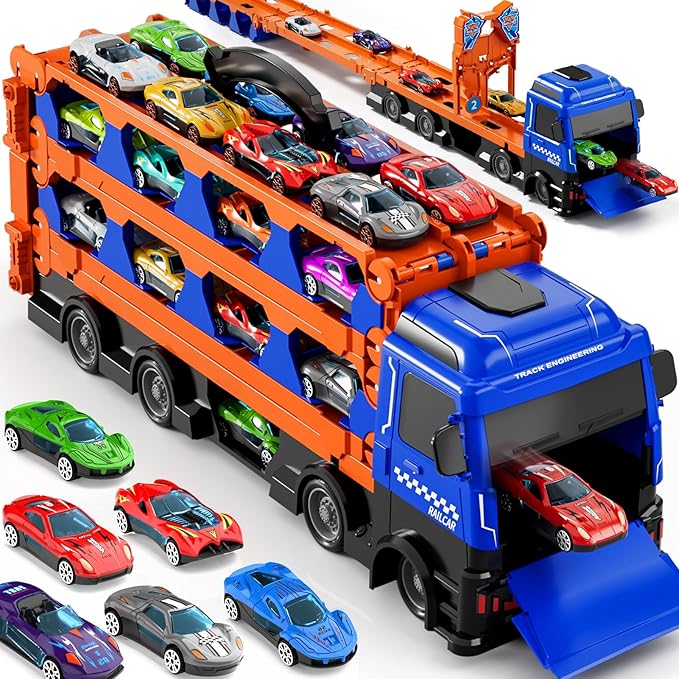 Large Truck Toys for Toddlers 1-3 2-4 3-5 4-7 Years Old Boys Kids, Transport Truck with 24 Pcs Die-Cast Cars, Toy Gifts for 3 4 5 6 Year Old Boys, Toddler Gift Toys for Ages 3-5 4-7