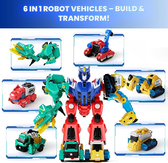 Magnetic Dinosaur Transforming Robot Toys, 6-in-1 Dino Construction Trucks for Kids, Magnetic Car Toys for Boys Girls Age 3 4 5 6 7 8, STEM Educational Christmas Building Gift