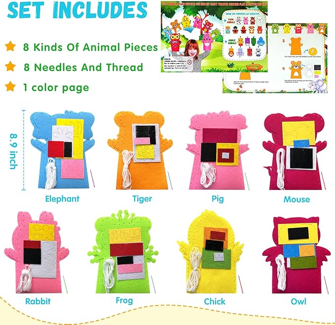 Animal Hand Puppet Crafts Kit for Kids 8pcs Sewing Kits for Girls 4-9 Felt DIY Sewing Projects Toddler Activities Story Telling Pretend Play Party Favors Toys
