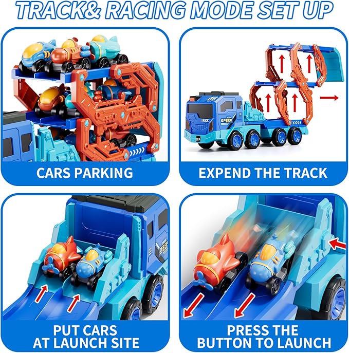 IHAHA 10-in-1 Toddler Foldable Carrier Space Truck Toys for Kids Boys Ages 3-5 4-7, Long Race Track Ejection Truck with Lights & Sounds and 9 Race Cars, 3 4 5 6 7 8 Year Old Boys Girls Birthday Gifts