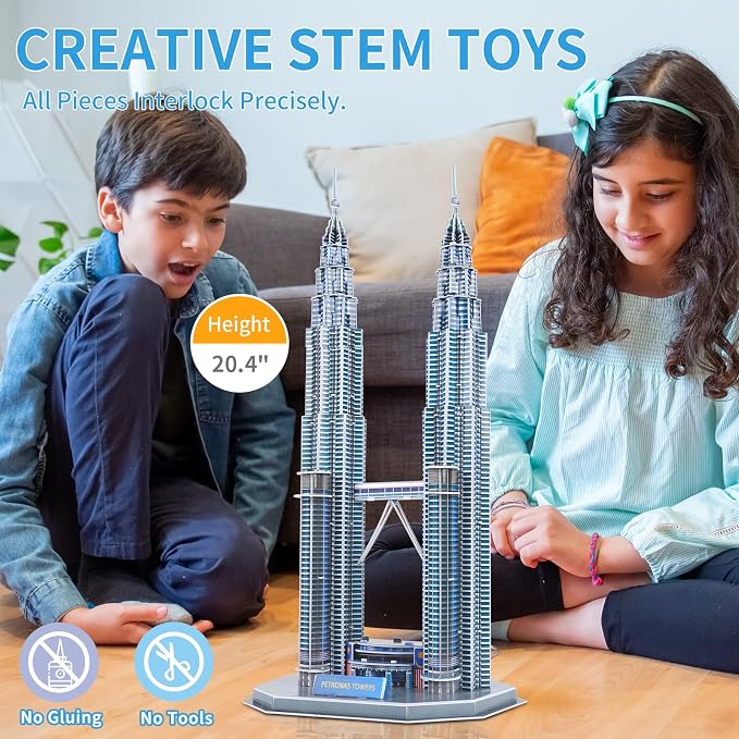 3D Puzzles for Adults & Kids, Petronas Twin Towers City Architecture Building Model Kit, 3-D Jigsaw Puzzles DIY STEM Desk Toys Christmas Birthday Gift for Hobbyist Teens Boys Girls 10-12-14, 130 PCS - Image 4
