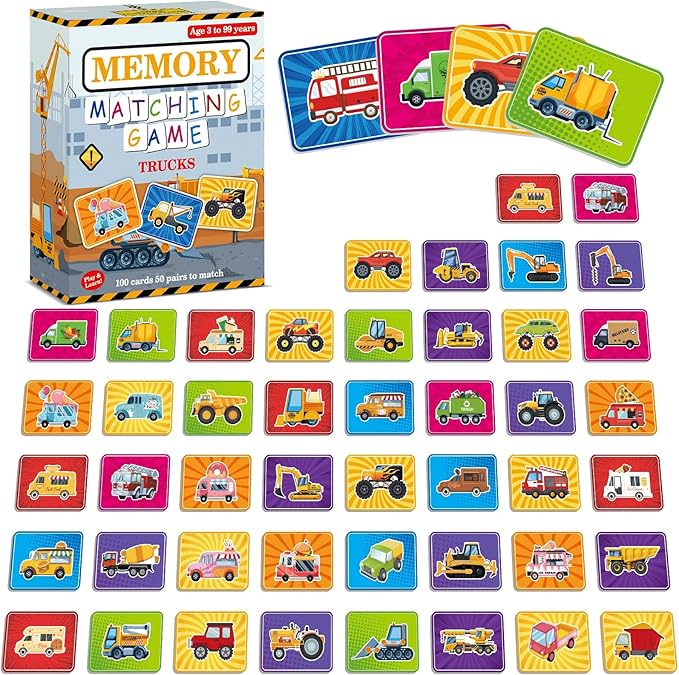 gisgfim 100 PCS Memory Matching Game Trucks Concentration Memory Card Games for Kids Preschool Educational Ages 3-8 A Fun & Fast Vehicle Theme Matching Games by gisgfim