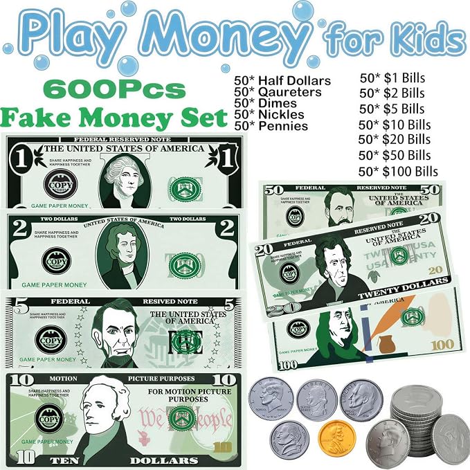600 Pcs Fake Money for Kids - Realistic Play Money Bills & Plastic Coins - Math Manipulatives & Classroom Currency Set for Grocery Store, Bank, & Board Games - Educational Counting Toy, Ages 3+ - Image 2