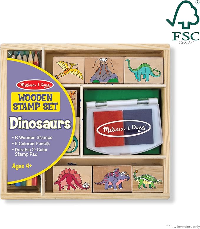 Melissa & Doug Wooden Stamp Set: Dinosaurs - 8 Stamps, 5 Colored Pencils, 2-Color Stamp Pad - FSC Certified - Image 3