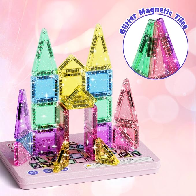 WMXDU 42-Piece Glitter Magnetic Tiles Travel Set with Pink Metal Box - Portable STEM Building Blocks for Kids Ages 3-8 Boys & Girls STEM Montessori Educational Toys for Airplane Car Rides - Image 5