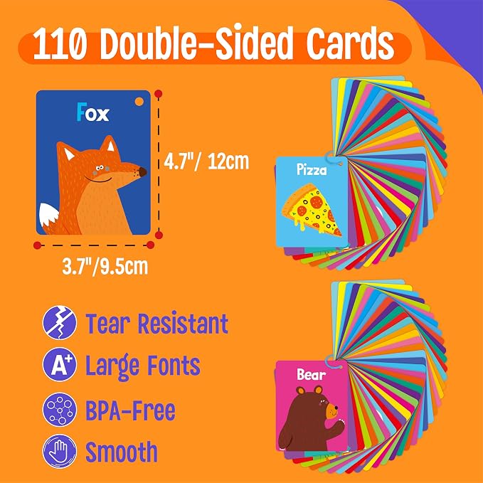 110 PCS Early Learning Flashcards, Double Sided Cards- Alphabet, Numbers, Foods, Animals, Shapes, Colors, Home Object with 4 Reclosable Rings, Learning Tool for Pre-K Kindergarten Toddlers - Image 2