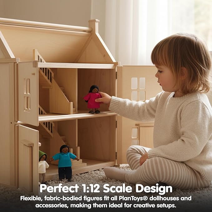 PlanToys® Wooden Dollhouse Family Set – Medium Skin Tone | Father, Mother, Son & Daughter Poseable Figurines | 1:12 Scale Wooden Dollhouse Accessories for Pretend Play