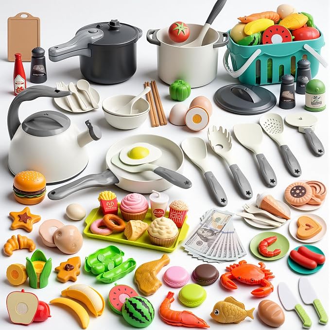 130Pcs Kitchen Playset, Toddler Pretend Cooking Play Pots, Pans, Utensils Cookware, Daily Food Fruit Veges, Shopping Storage Basket, Dessert, Prop Money, Learning Gift for Child (White) by Funpynani