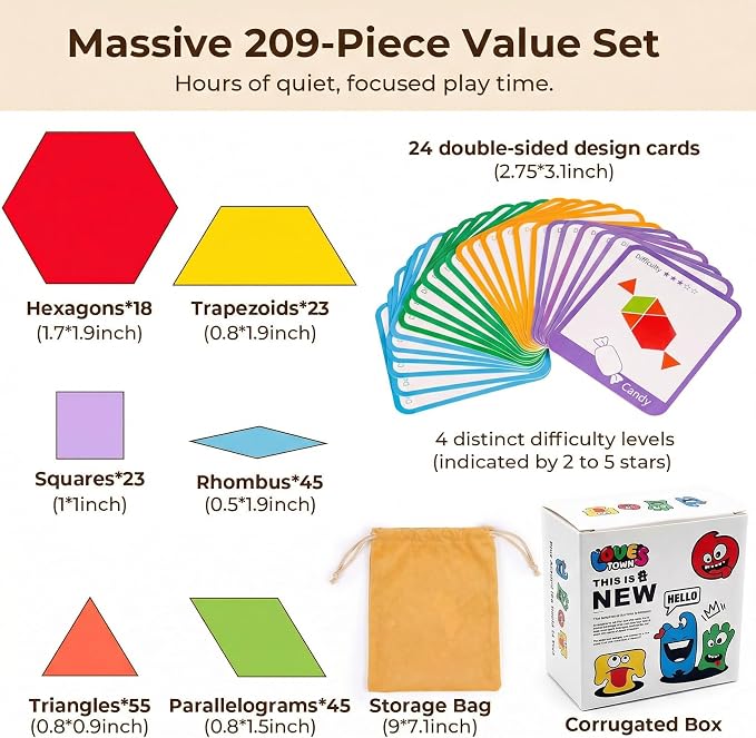 LovesTown 209 PCS Shapes Wooden Pattern Blocks for Kids - Image 2
