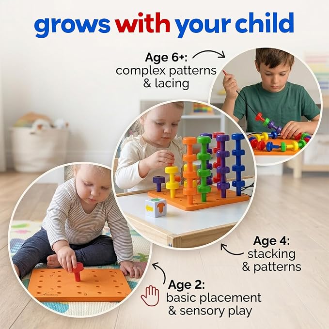 Skoolzy Peg Board Set - Montessori Toys for 2 Year Old - 33 Pc Peg Board for Kids - Occupational Therapy Toys with Pegs, Dice, Lacing String & Storage Bag - Montessori Toys for 2+ Year Old - Image 3