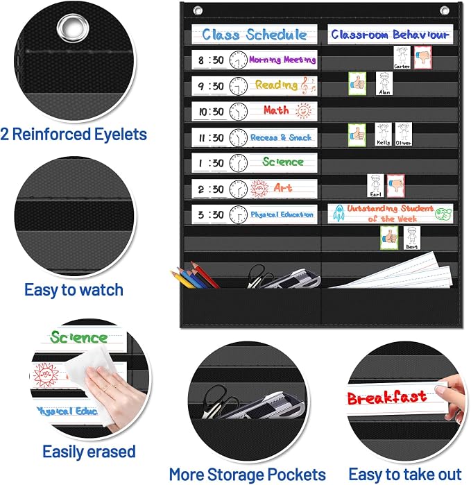 AKAYOK Daily Schedule Pocket Chart - Clear 19 Pocket Chart for Classroom with 22 Reusable Dry-Erase Cards | Perfect for Flash Cards/Sentence Strips/Cleaning Schedule and Checklist/Calendar Cards - Image 6