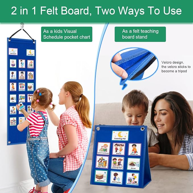 KIKIGOAL Kids Visual Schedule Calendar Chart, 2 in 1 Autism Daily Chore Routine Chart with 70 Cards Autism Learning Materials Kids Visual Behavioral Tool Wall Planner for Home School (Blue) - Image 6