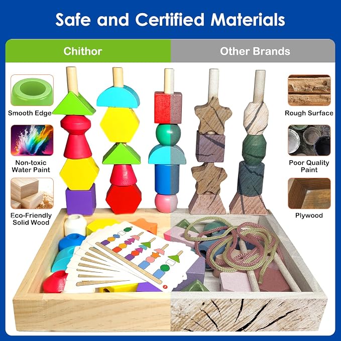 Montessori Wooden Beads Sequencing Toy Set, Sorting Stacking Blocks & Lacing Beads & Shape Matching Stacker for 2 3 4 5 Years Kids Preschool Learning Fine Motor Skills Toys Gifts for Toddler Boy Girl - Image 7