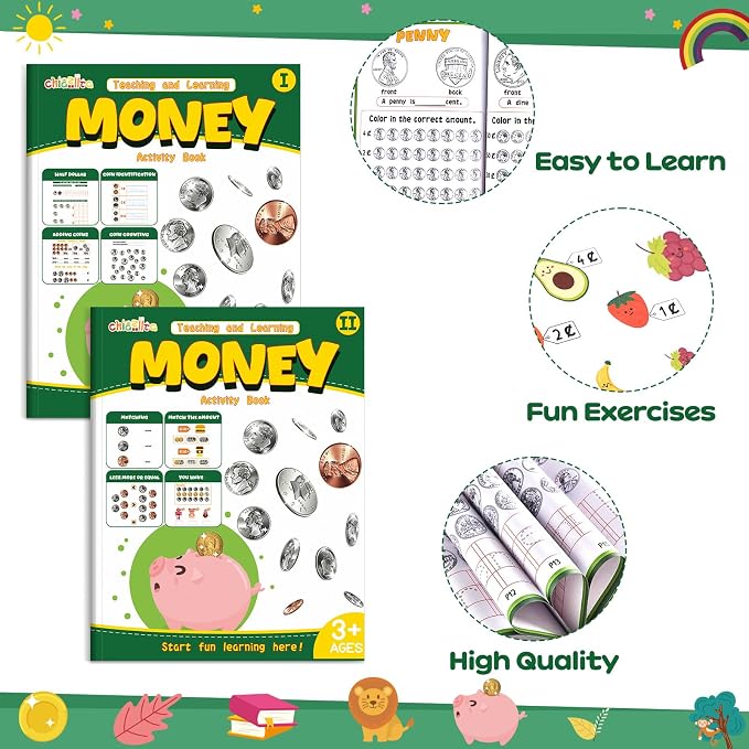 chiazllta Money Activity Workbook Set of 2 Coin Recognition and Counting Practice Workbook Pennies Nickels Dimes Quarters Dollars Full Color Money Skills Practice Book - Image 3