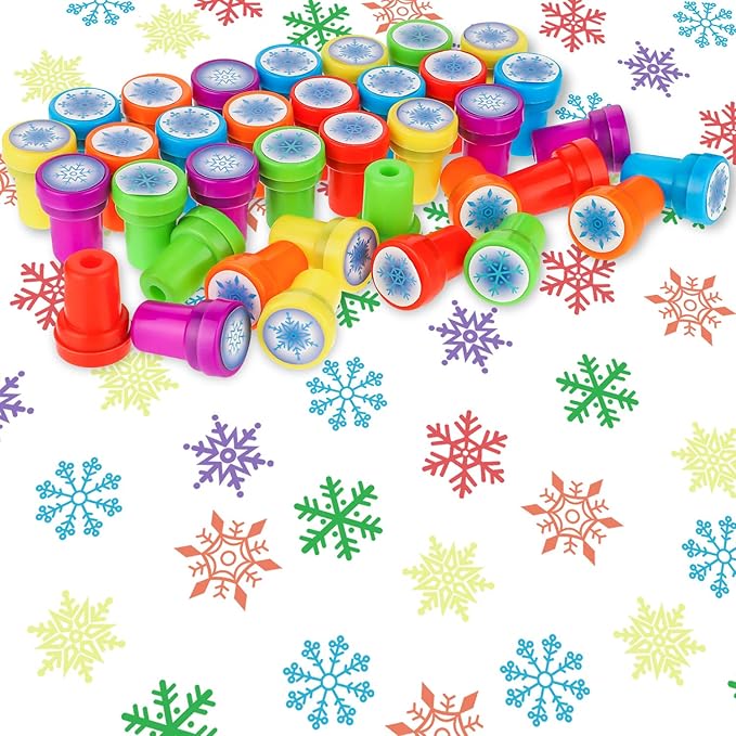 36 Pieces Snowflake Stamps Winter Stamps Bulk Plastic Colored Self Ink Assorted Snowflake for Card Making Christmas Party Favors, 6 Styles(Colorful)