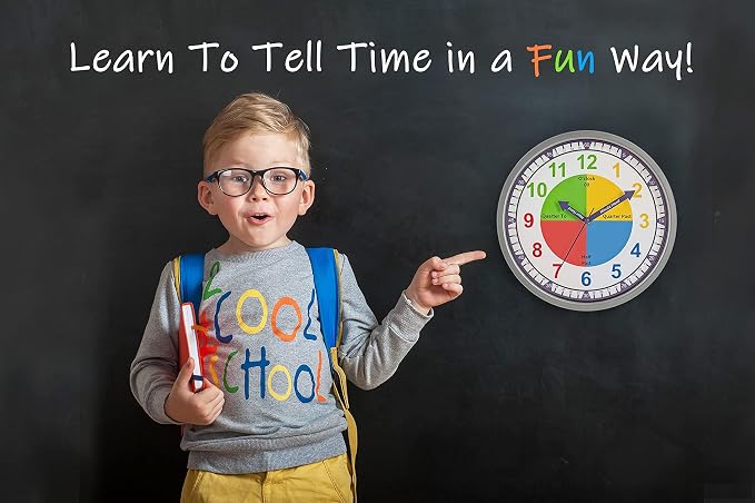 Bernhard Products Colorful Kids Wall Clock Teaching Time Telling Silent Non-Ticking Educational Learning Tool, Colored Numbers for Children Teachers Homeschool and Parents, School Classroom Playroom - Image 3