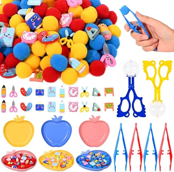 Sanixn 182 Pcs Back to School Sensory Bin Fillers School Fine Motor Skills Sensory Bin Item Pompoms Cups Tweezers Scissor Clips for Preschool Education Activities Sorting Counting by Sanixin