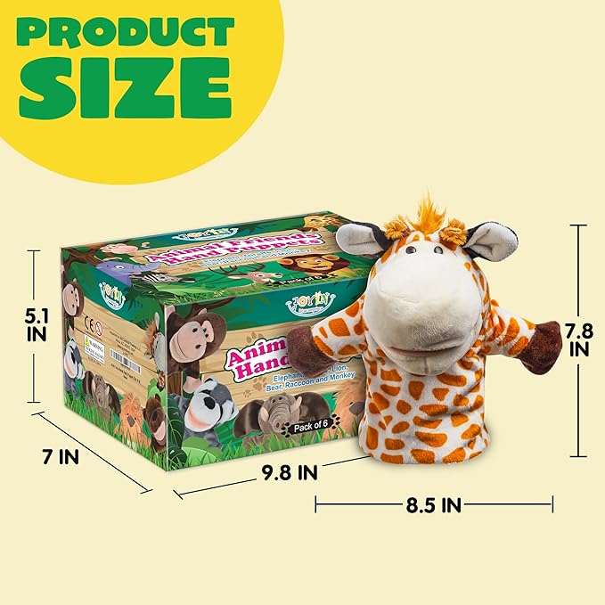 JOYIN 6Pcs Kids Hand Puppet Set with Working Mouth, Toddler Plush Toy Includes Elephant, Giraffe, Lion, Bear, Raccoon and Monkey for Show Theater, Christmas Birthday Gifts for Kid