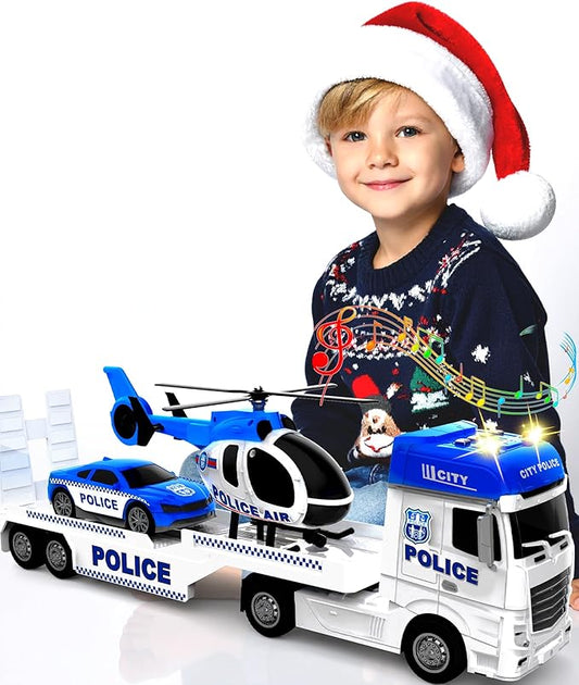 Toddler Boy Toys for 3 + Year Old, Large Semi Truck Toy with Racing Car and Helicopter Toy， Police Car Toy, Birthday for Kids Child Over 3 Years Old, 25''