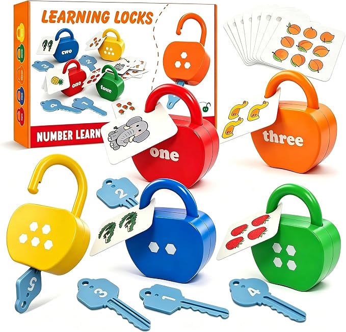 GEERAY Cause and Effect Toys for Toddlers 3 4 5, Montessori Lock & Key Set with 5 Apple-Shaped Locks, Keys & 10 Cards – Numbers Matching & Counting, Preschool Learning Games Gifts by GEERAY
