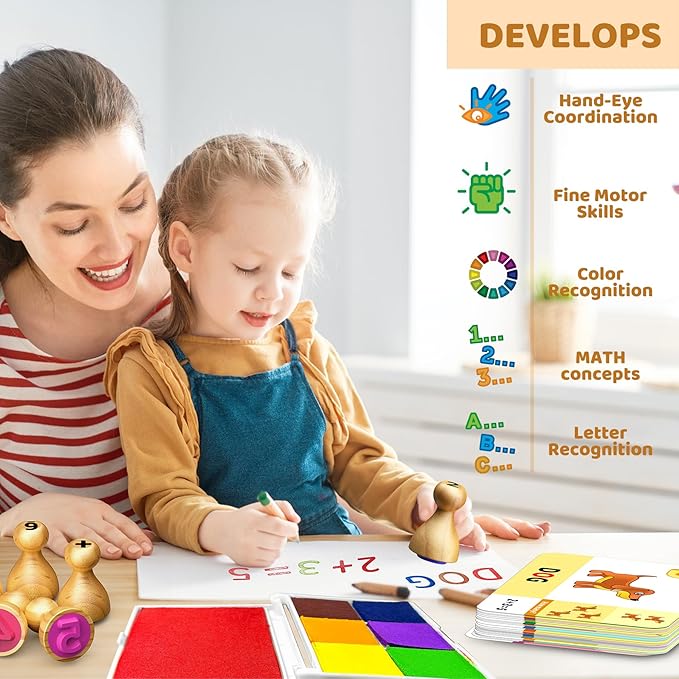 ‌Wooden Alphabet & Number Stampers Set with 7-Color Ink Pad | ABCs 123s Learning Stamps & Flashcards | Preschool Homeschool Classroom Supplies Gift for Ages 3+