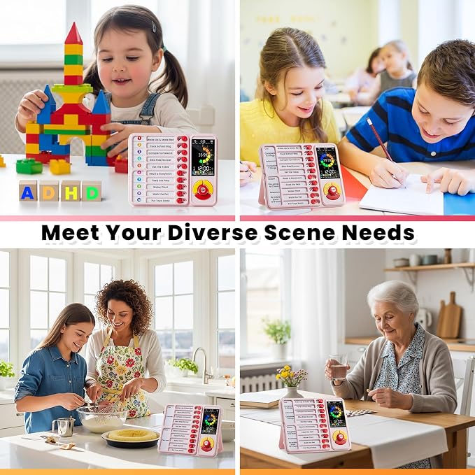 ADHD Tool for Kids, 5-in-1 Visual Timer with Chore Chart Board, Visual Schedule for Kids, 12/24 Task Timer with 99'59'' Countdown/Countup, 5 Alarms, Silent Operation Visual Schedule for Autism - Pink - Image 6