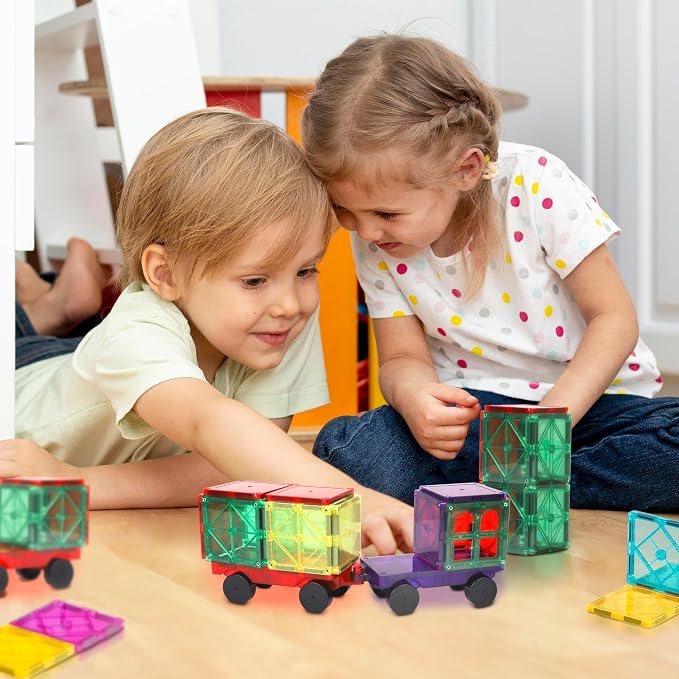 Playmags Magnetic Car Set (2 Pieces) – Strong Magnet Car Bases for Magnetic Tiles, STEM Building Toy Accessories for Kids, Compatible with Magnetic Blocks, Durable Wheels, Creative Play Add-On - Image 5
