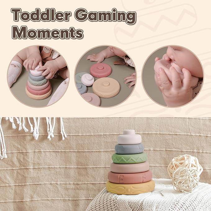BOBXIN Baby Stacking & Nesting Rings Toy, 6pcs Soft Silicone Circle Building Stacker,Squeeze Play with Letter,Animal and Graphic,Toddler Sensory Learning Montessori Toys for Babies 6 Months+