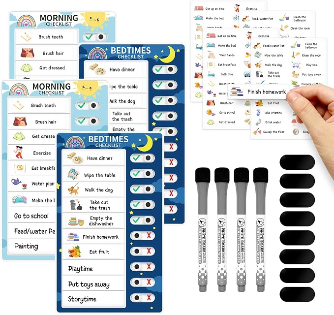 Chore Chart for Kids: Dry Erase Visual Schedule, Magnetic Bedtime/Morning Routine Chart - Toddler Chore Board, Checklist, To Do List for Kids (2 morning checklists, 2 bedtime checklists) by Tsytyst