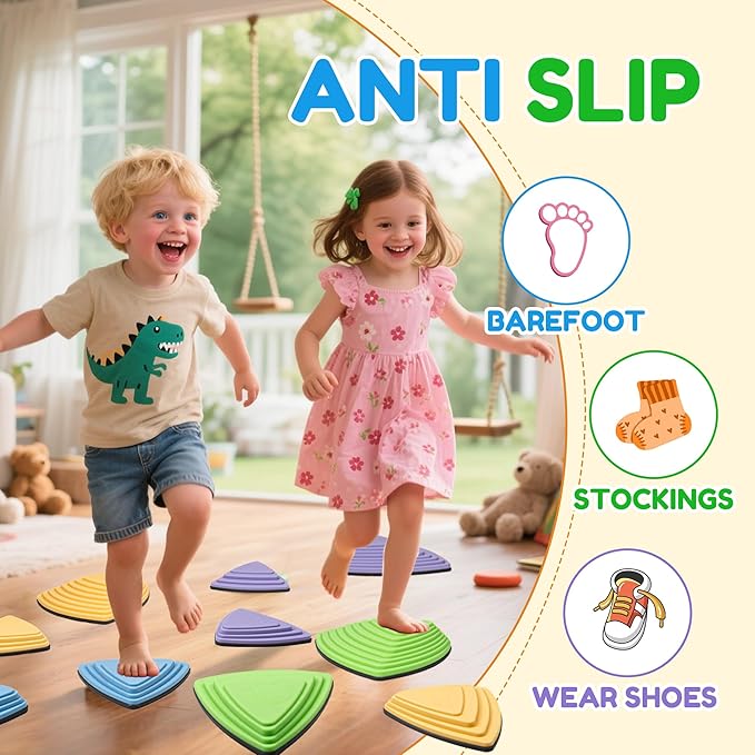 Kids Balance Stepping Stones Multicolor Triangular 10PCS Non-Slip Toddler Stepping Stones for Balance Coordination Ages 3-8 Years