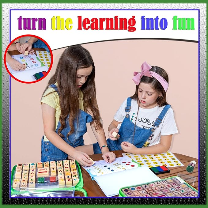 Wooden Large Stamp Premium Set for Kids. 72 Pcs Alphabet Stamps. Letters, Numbers, 3-Color Washable Ink Pad, 3 Refill Bottles, Activity Book. Ideal Creativity Kit