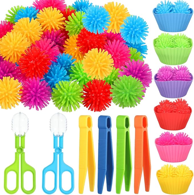 Leitee 90 Pcs Fine Motor Skills Counting Sorting Sensory Bin Filler Toy Set Matching Game Include 72 Hedge Ball 4 Tweezer 2 Scissor Clip 12 Sorting Cup for Preschool Education Train Development by Leitee